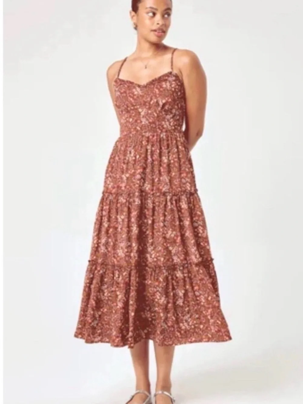 Trixxi NWT Rust Floral Tiered Midi Dress Spaghetti Strap - Picture 1 of 12